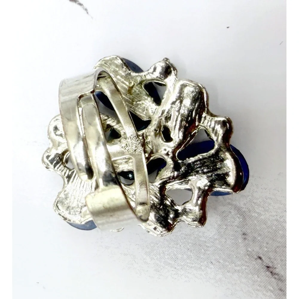 Blue Green Bead Rhinestone Adjustable Ring Size 6.5 - 7 Silver Tone Band